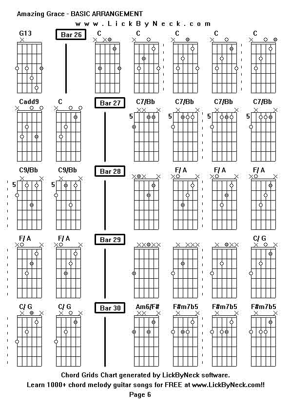 Chord Grids Chart of chord melody fingerstyle guitar song-Amazing Grace - BASIC ARRANGEMENT,generated by LickByNeck software.